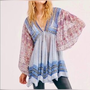 Free People Aliyah Boho Sheer Balloon Sleeve V Neck Shirt Womens Small